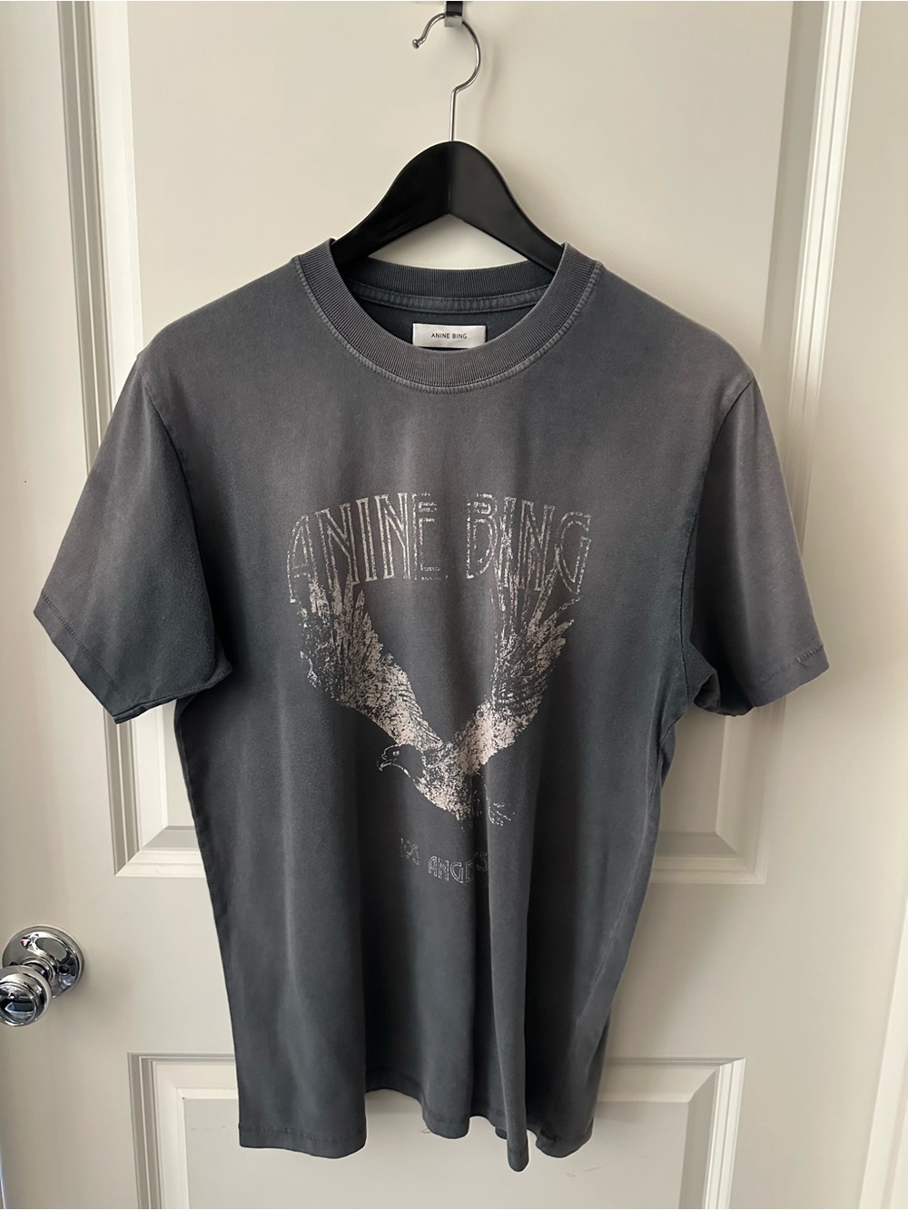 Anine Bing Women Lili Eagle Tee in Washed Charcoal Gray Sz Small